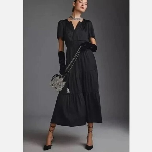 Anthropologie Somerset Black tiered Silky Maxi Dress - Picture 1 of 5